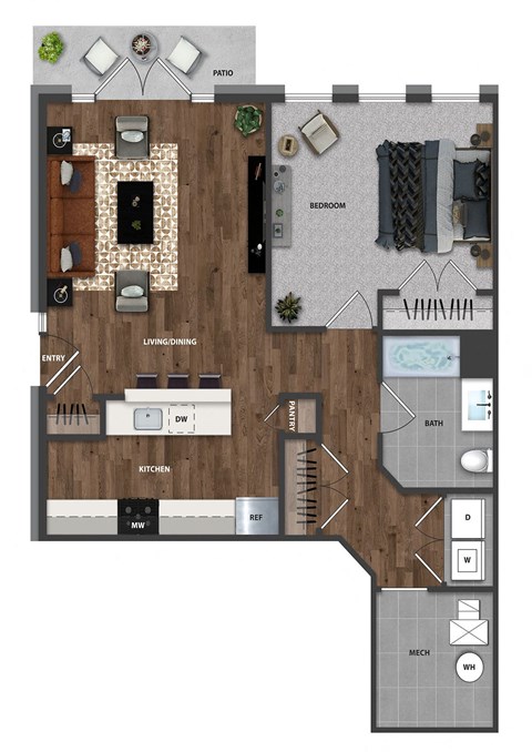 Floor plan for 1 bed, 1 bath, 816 sqft